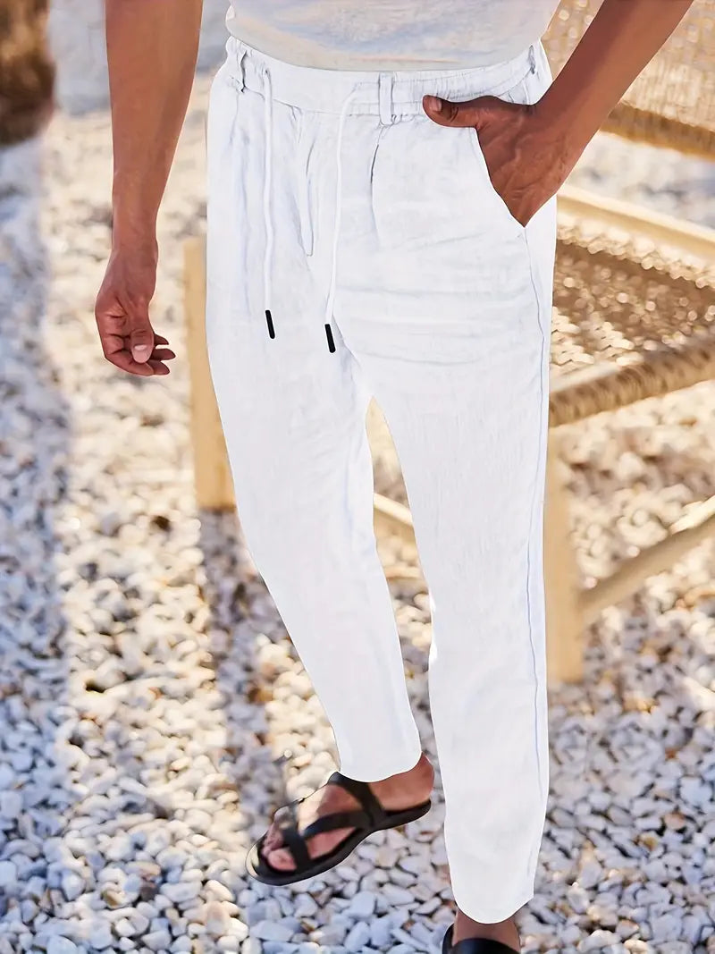 Herren Weit Geschnittene Leinenhose – Freizeit Sommerhose Mit Kordelzug