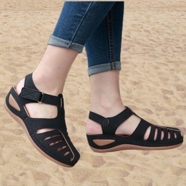 Damen Geschlossene Leder Keilsandalen