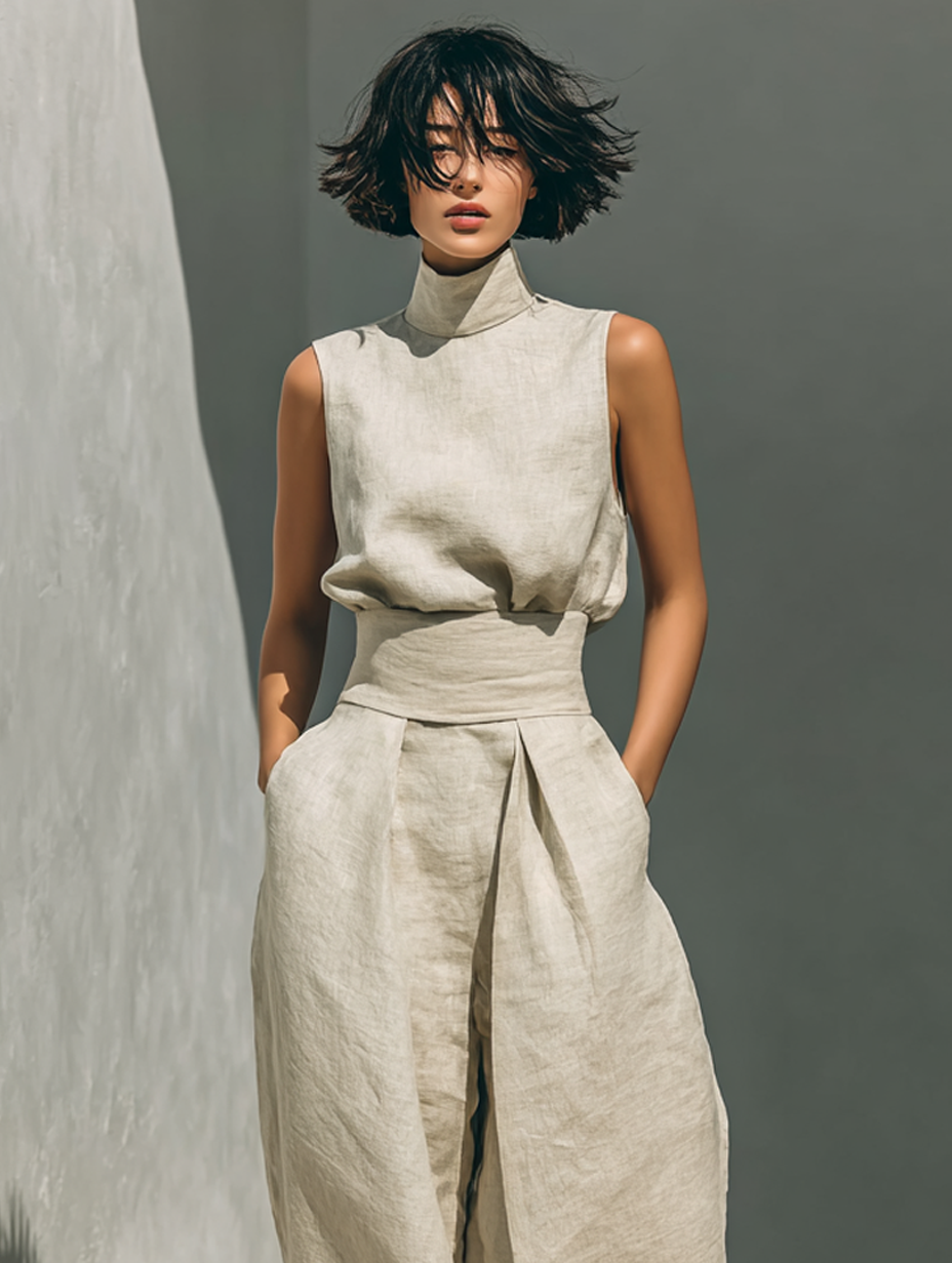 Damen Leinen Zweiteiler Set - Rollkragen Top Weite Hose