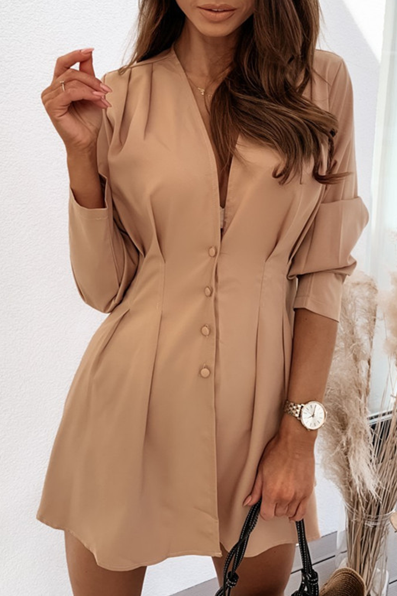 Mini-Hemdkleid mit V-Ausschnitt und Knöpfen für Damen – Langarmkleid