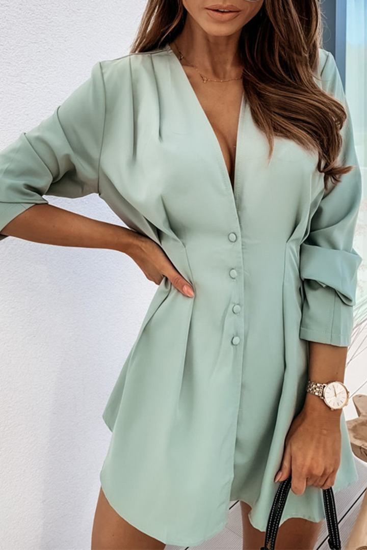 Mini-Hemdkleid mit V-Ausschnitt und Knöpfen für Damen – Langarmkleid