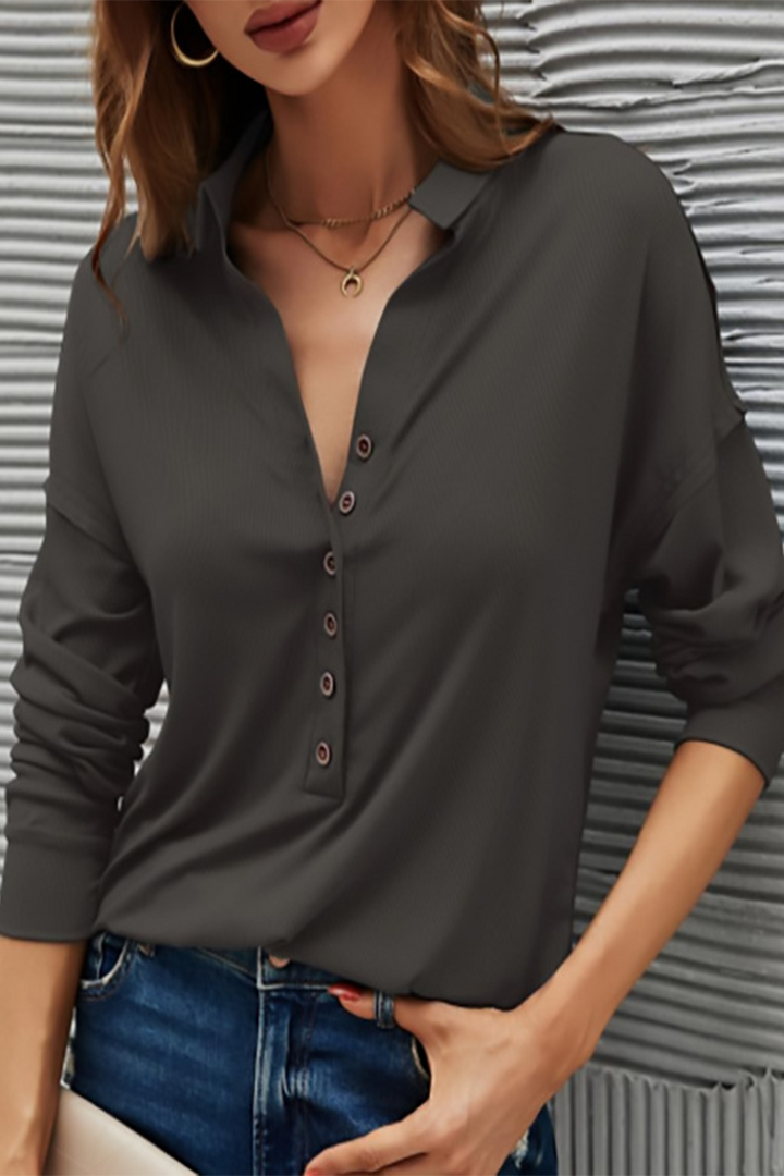 Damen Lässiges T-Shirt Mit Knopfleiste – Umgeschlagener Kragen