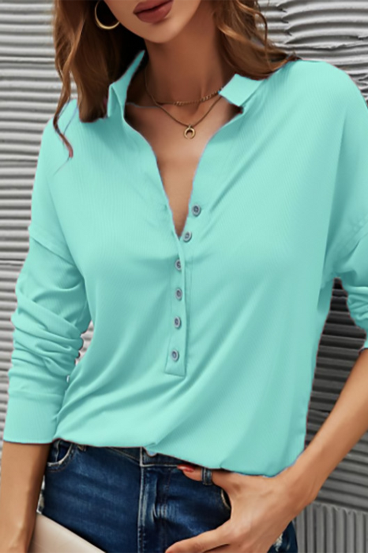 Damen Lässiges T-Shirt Mit Knopfleiste – Umgeschlagener Kragen