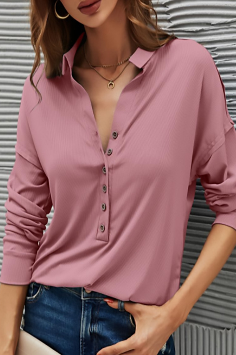 Damen Lässiges T-Shirt Mit Knopfleiste – Umgeschlagener Kragen