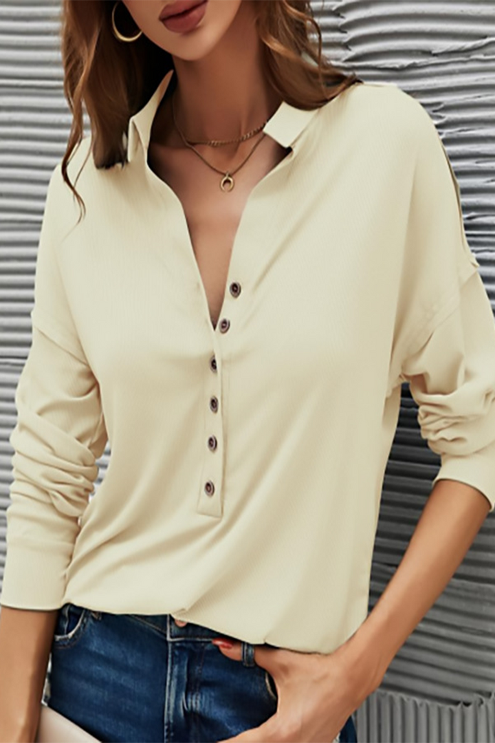 Damen Lässiges T-Shirt Mit Knopfleiste – Umgeschlagener Kragen