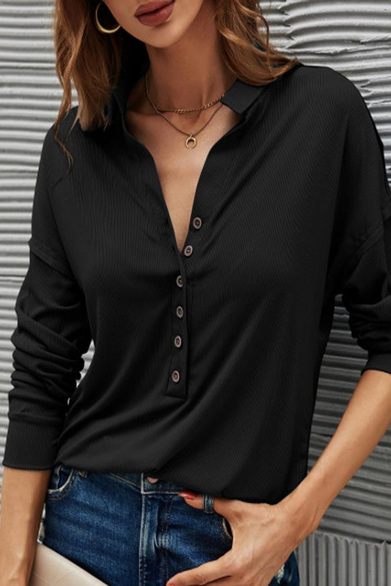 Damen Lässiges T-Shirt Mit Knopfleiste – Umgeschlagener Kragen