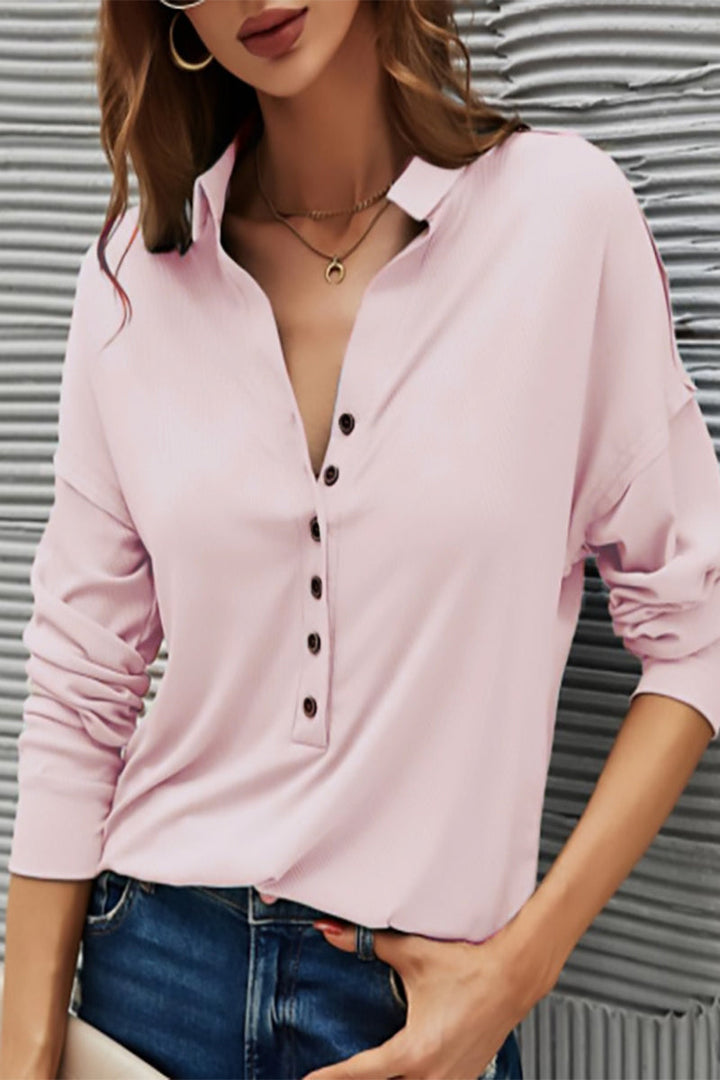Damen Lässiges T-Shirt Mit Knopfleiste – Umgeschlagener Kragen