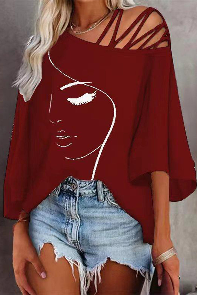 Damen Oversized T-Shirt Mit Print – Lässiges Top Mit Schrägem Ausschnitt