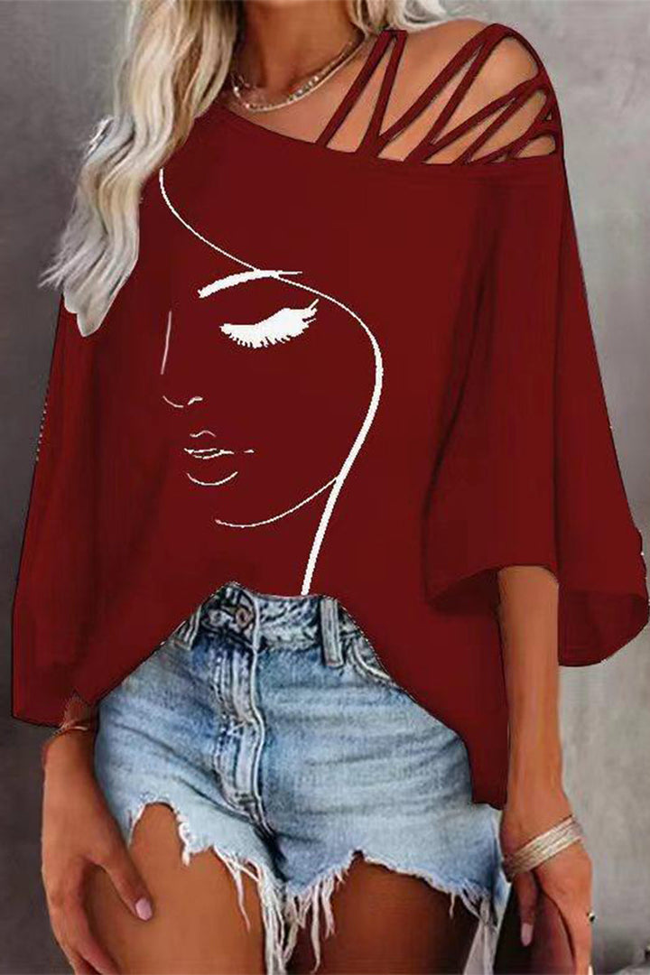 Damen Oversized T-Shirt Mit Print – Lässiges Top Mit Schrägem Ausschnitt