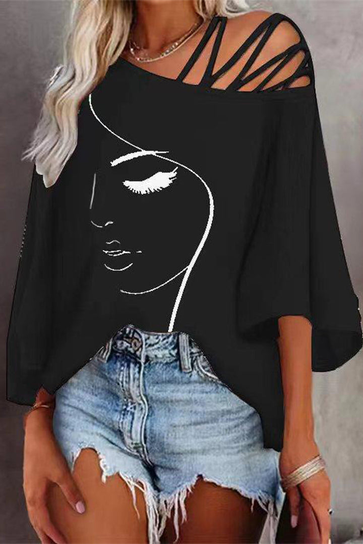 Damen Oversized T-Shirt Mit Print – Lässiges Top Mit Schrägem Ausschnitt