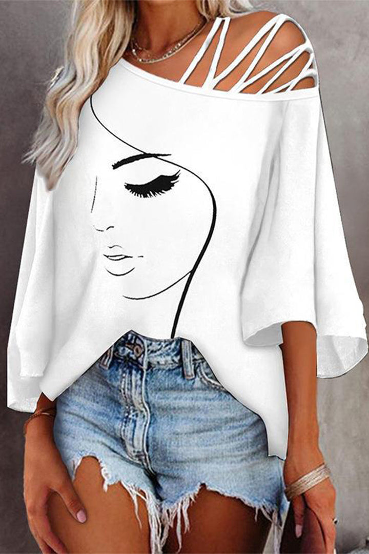 Damen Oversized T-Shirt Mit Print – Lässiges Top Mit Schrägem Ausschnitt