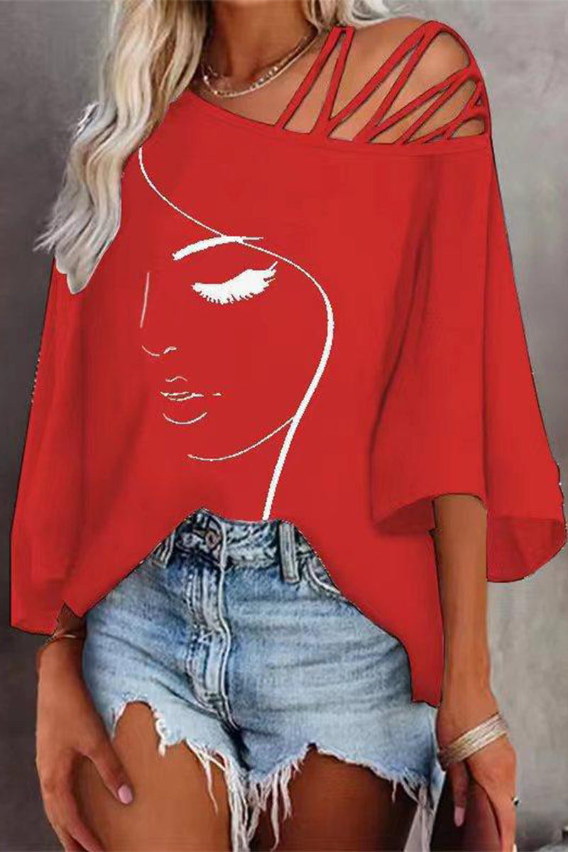 Damen Oversized T-Shirt Mit Print – Lässiges Top Mit Schrägem Ausschnitt