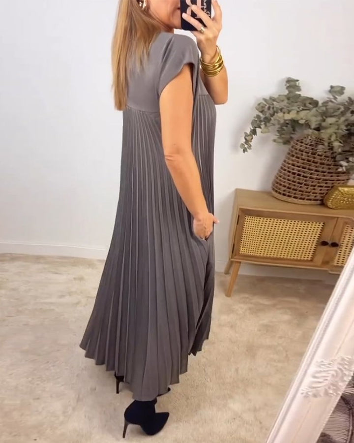 Damen Kurzarm Plissiertes Maxikleid