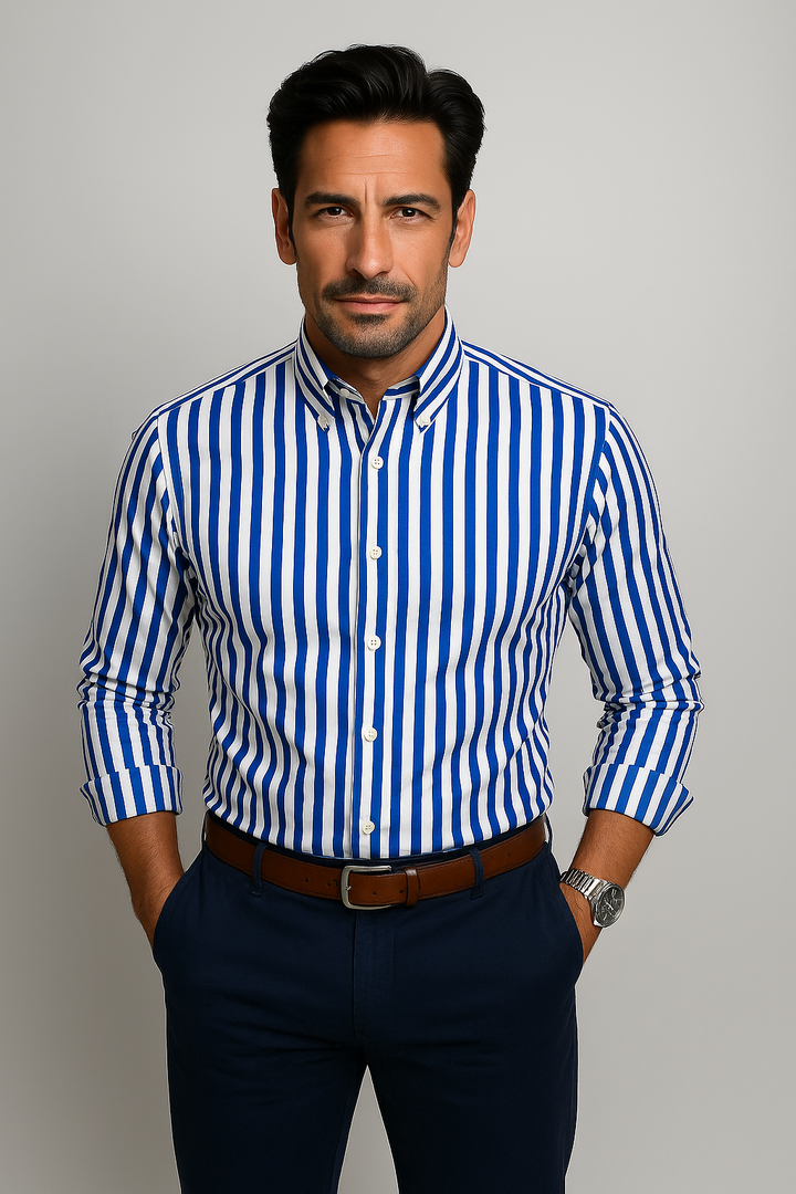 Herren Gestreiftes Langarm Slim Fit Hemd – Button-Down Kragen Hemd