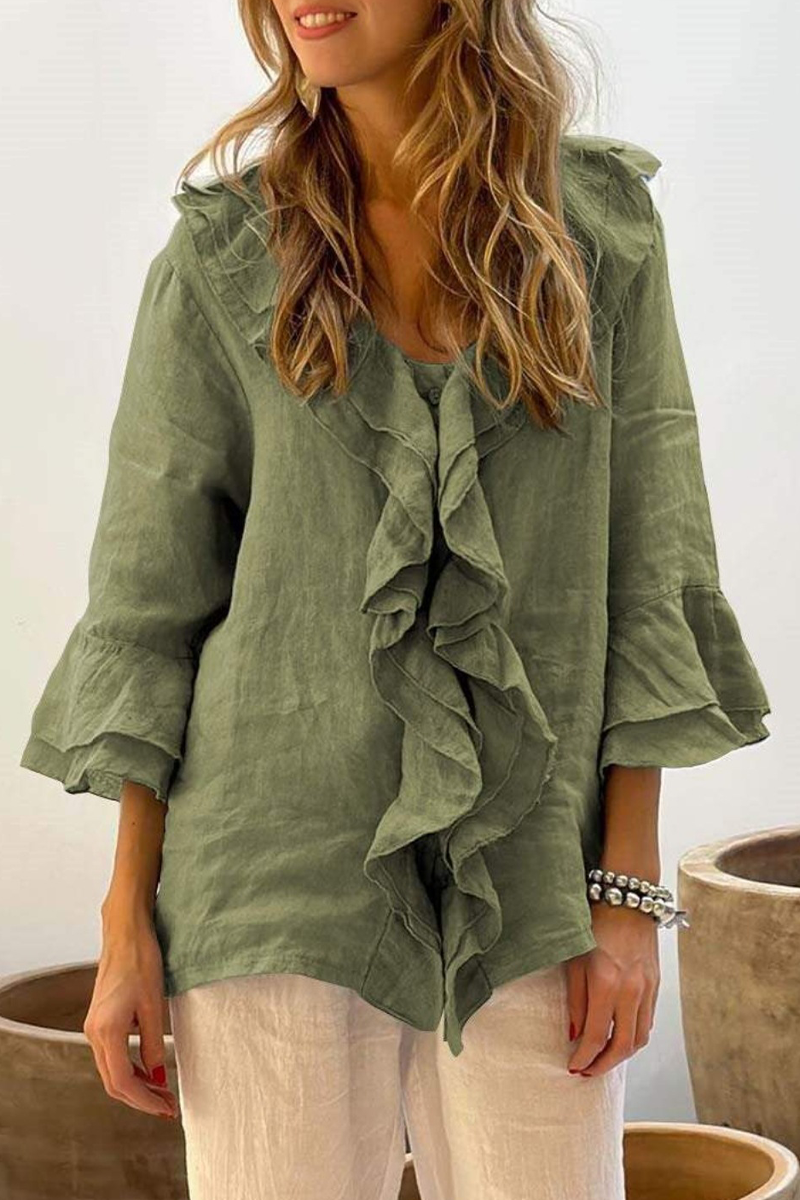 Damen Einfarbige Rüschenbluse – V-Ausschnitt Lässiges Alltags-Top
