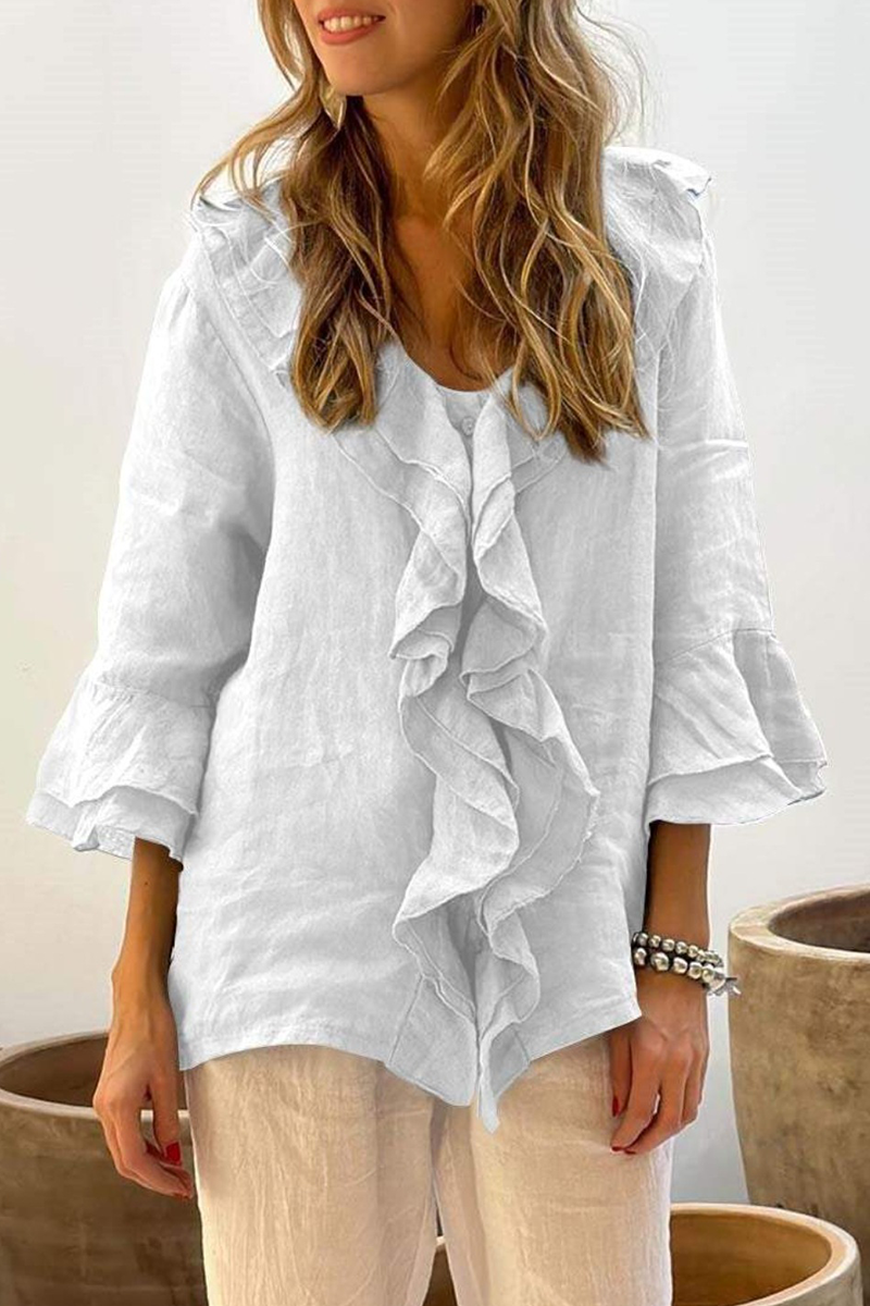 Damen Einfarbige Rüschenbluse – V-Ausschnitt Lässiges Alltags-Top