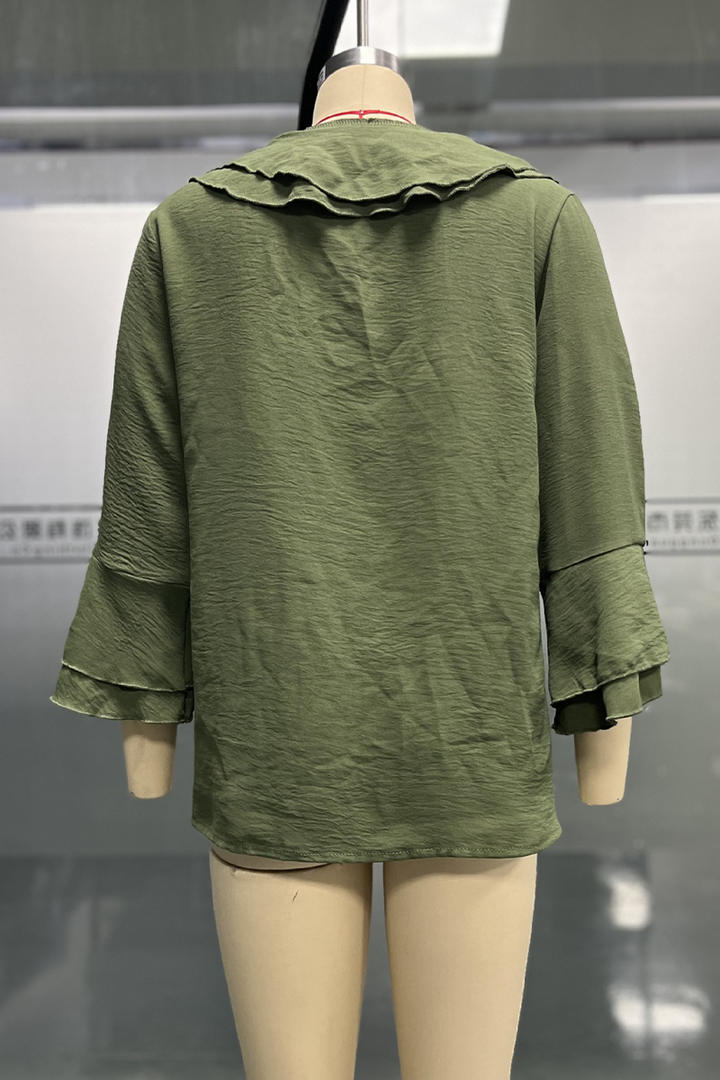 Damen Einfarbige Rüschenbluse – V-Ausschnitt Lässiges Alltags-Top