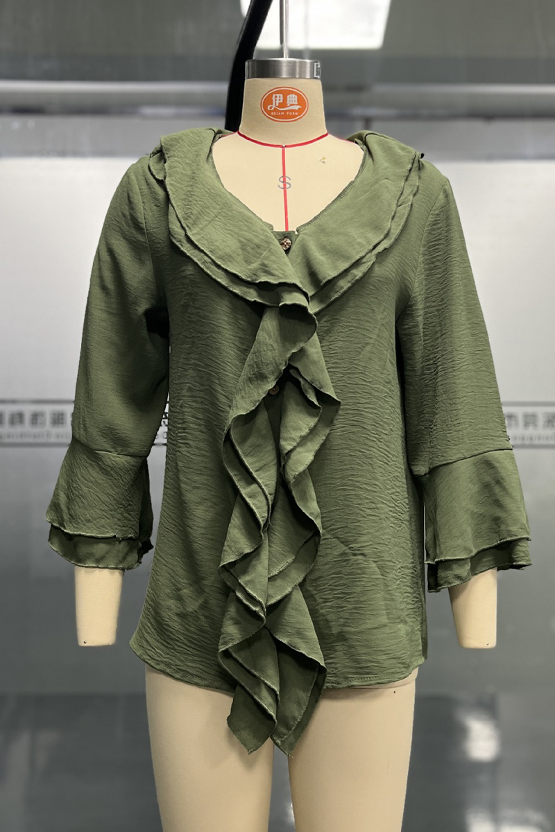 Damen Einfarbige Rüschenbluse – V-Ausschnitt Lässiges Alltags-Top