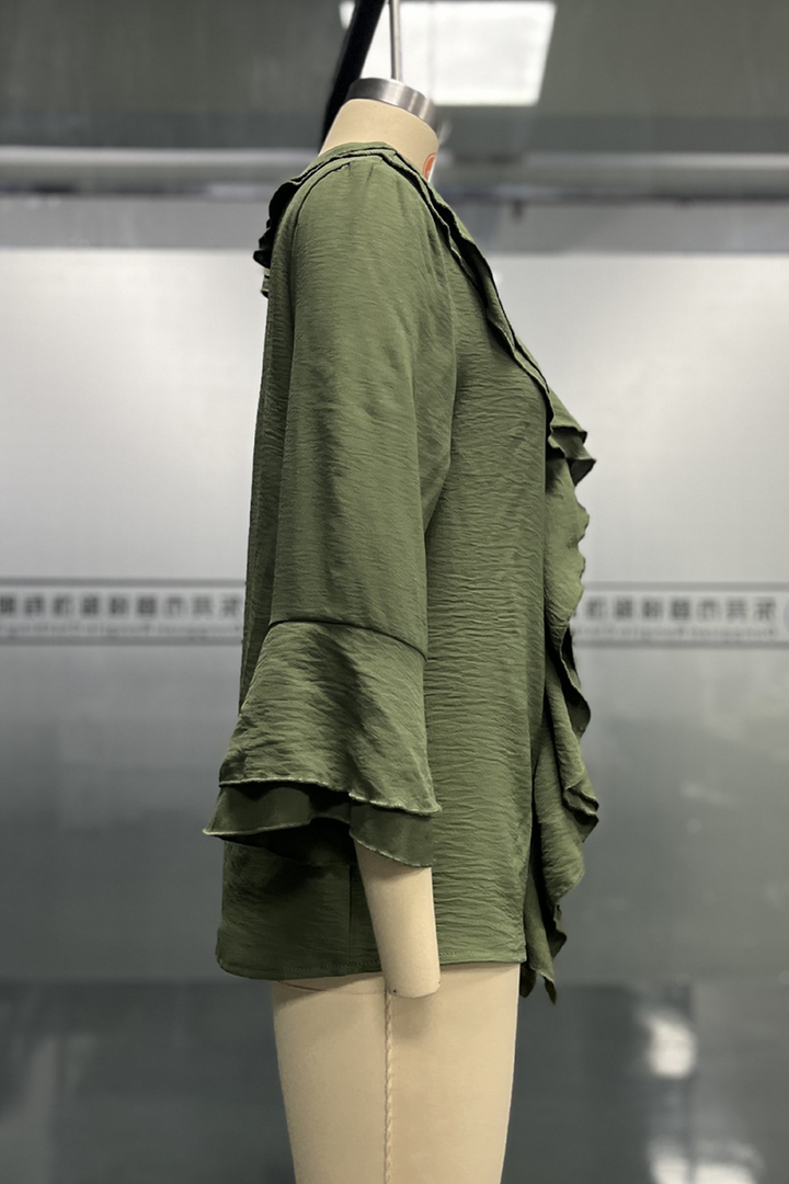 Damen Einfarbige Rüschenbluse – V-Ausschnitt Lässiges Alltags-Top