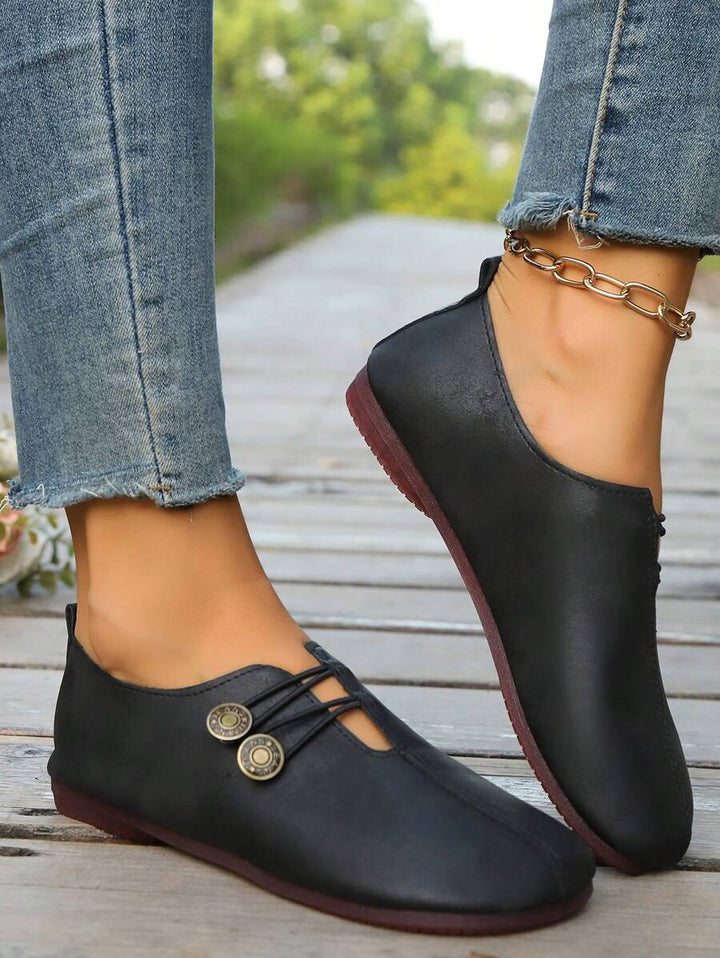 Damen Schwarze Kunstleder Flache Schuhe