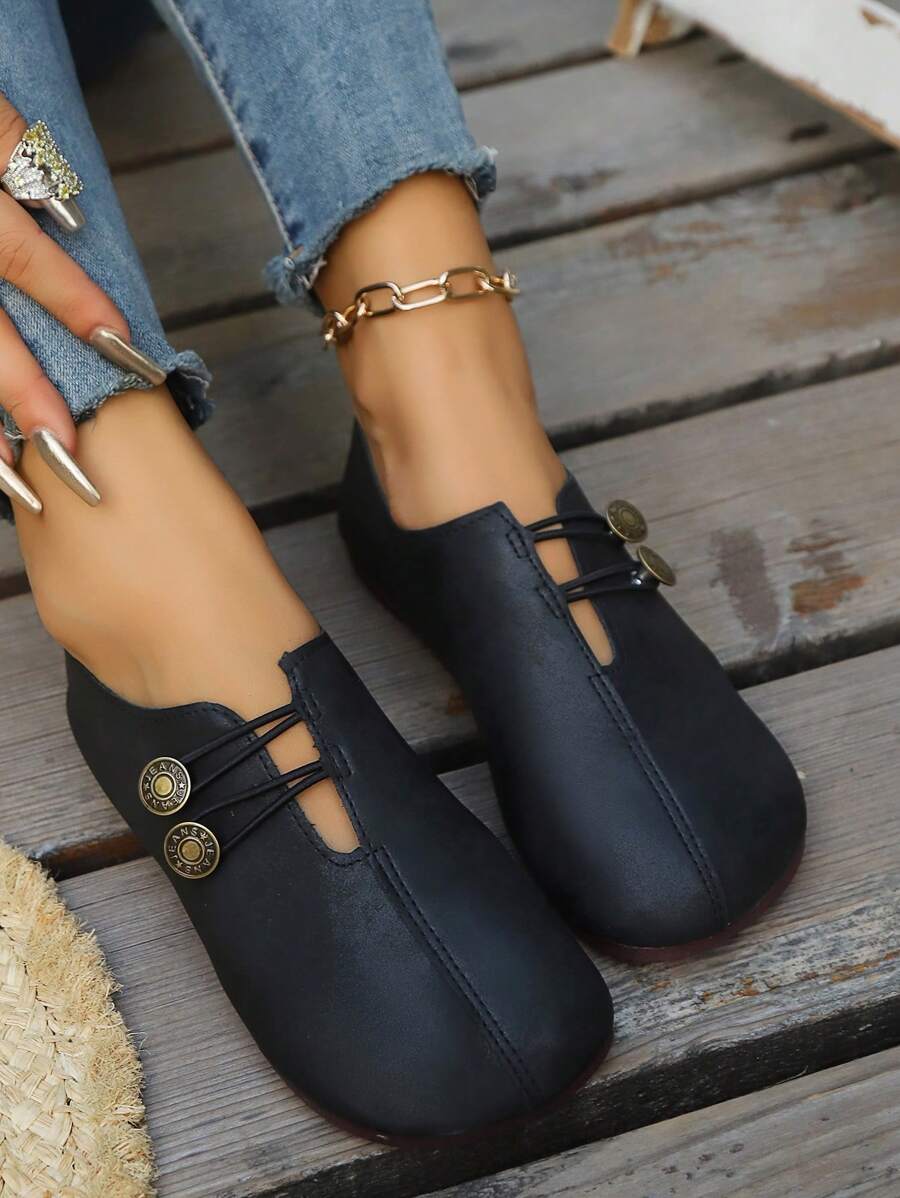 Damen Schwarze Kunstleder Flache Schuhe