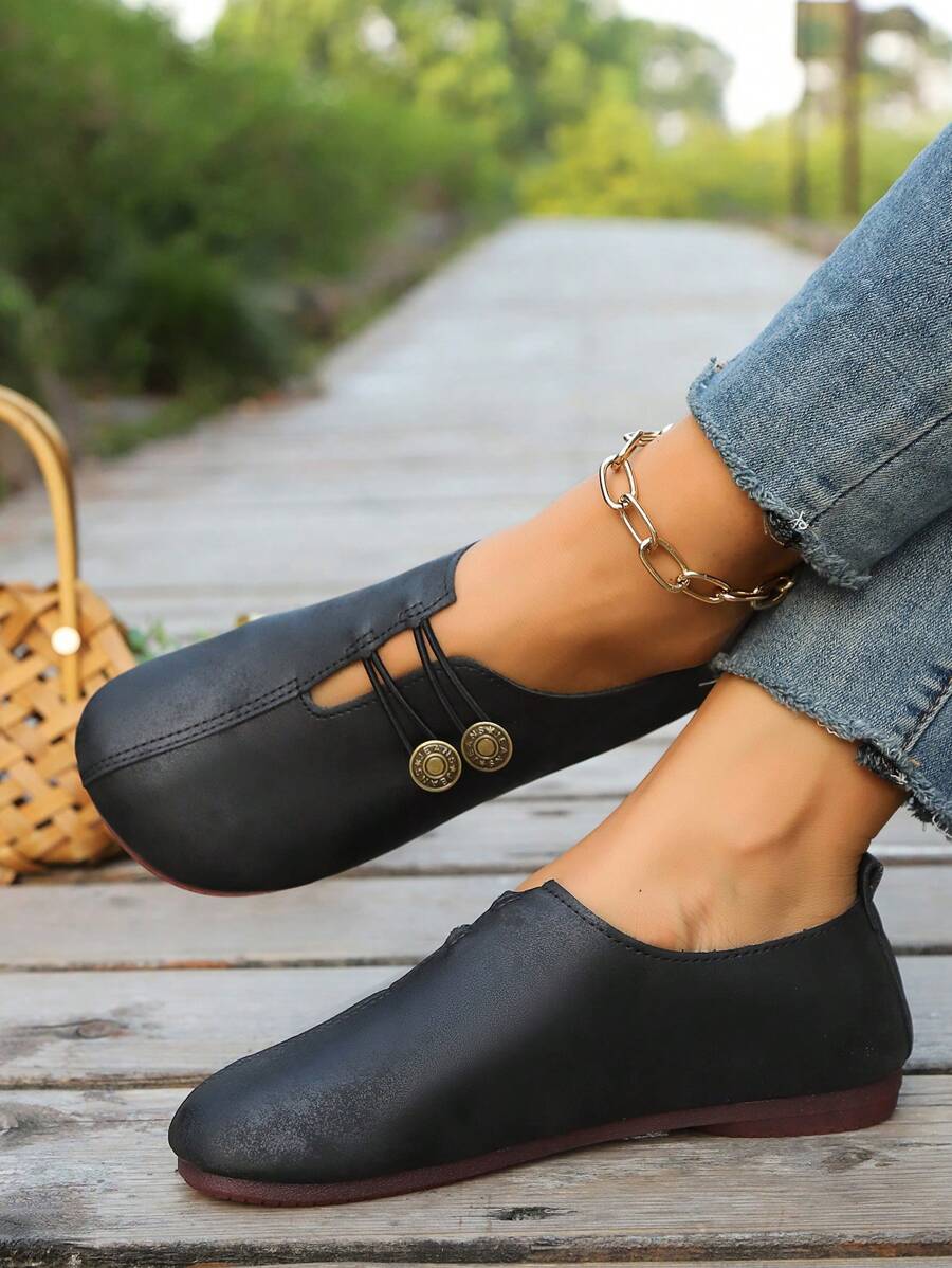Damen Schwarze Kunstleder Flache Schuhe