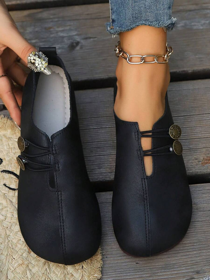 Damen Schwarze Kunstleder Flache Schuhe