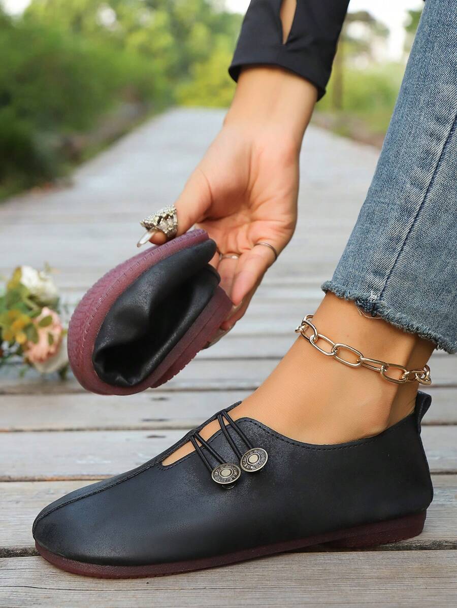 Damen Schwarze Kunstleder Flache Schuhe