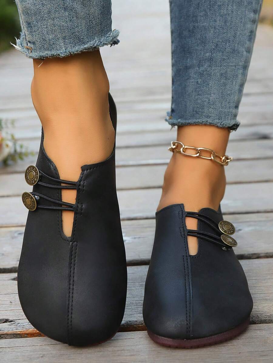 Damen Schwarze Kunstleder Flache Schuhe