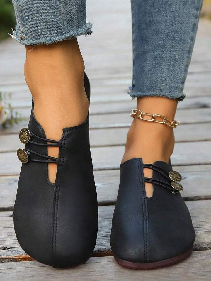 Damen Schwarze Kunstleder Flache Schuhe