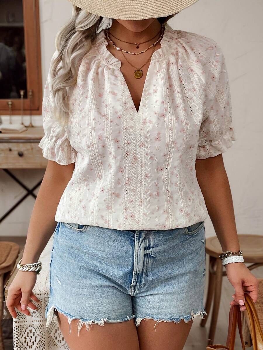 Damen Floral V-Ausschnitt Bluse