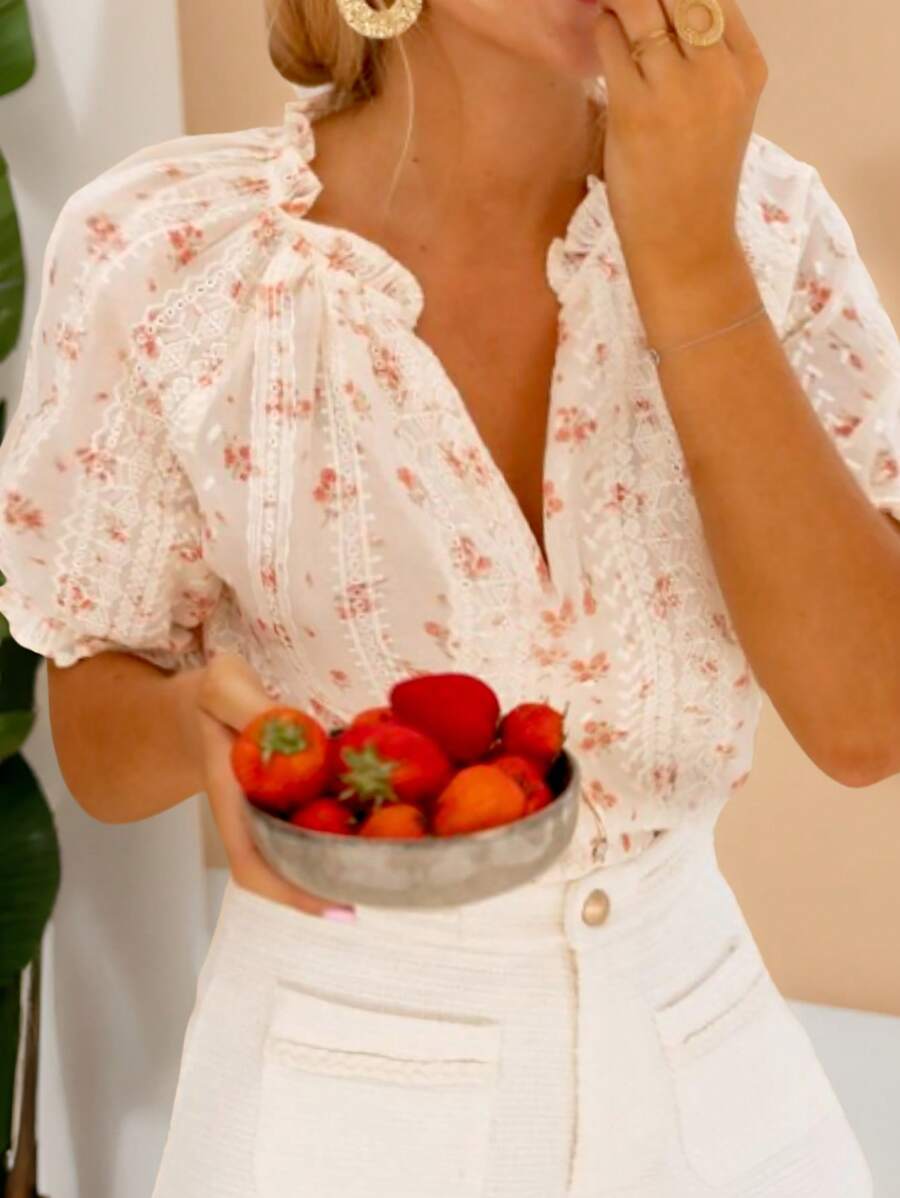 Damen Floral V-Ausschnitt Bluse