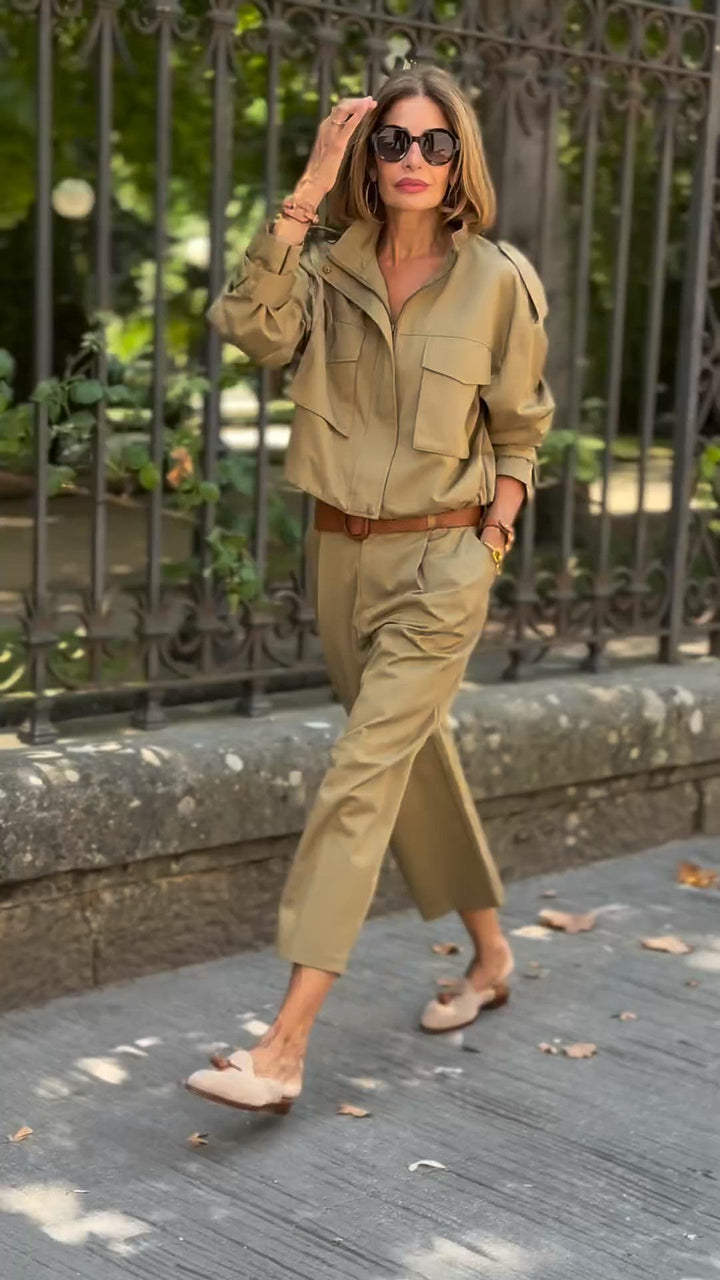 Damen Khaki Safari Zweiteiler Set – Lässiges Utility Outfit