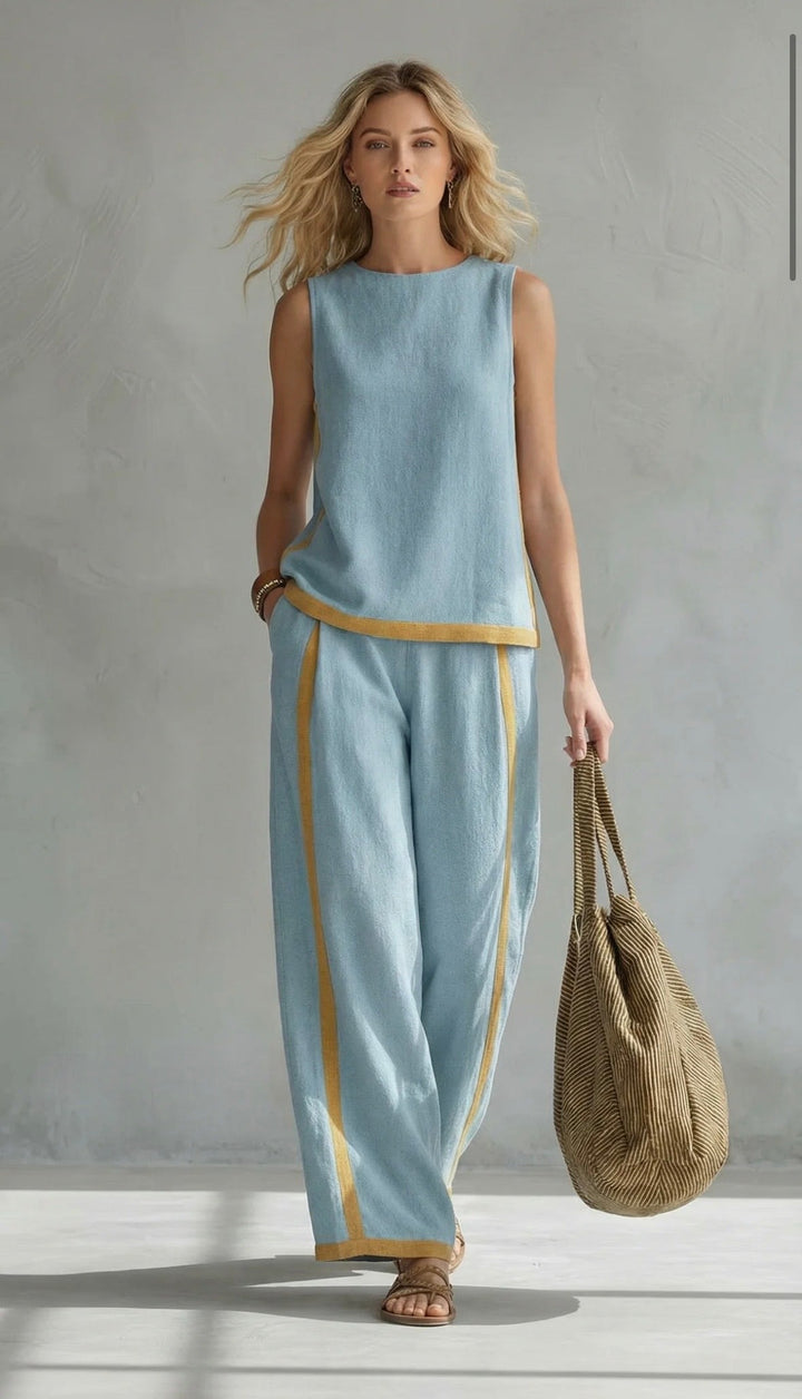 Damen Leinen Zweiteiler Set - Ärmelloses Casual Sommer Outfit
