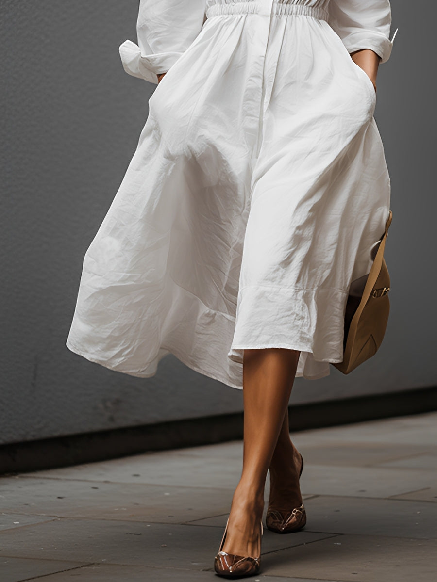 Weißes Leinen-Midikleid mit Hemdkragen und Stretchtaille