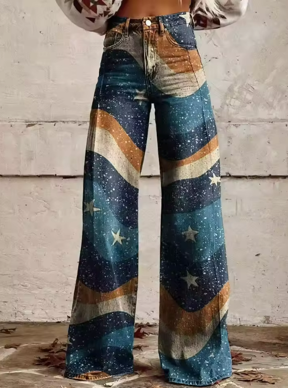 Damen Stilvolle Nachthimmel Bedruckte Boho Denim Hose