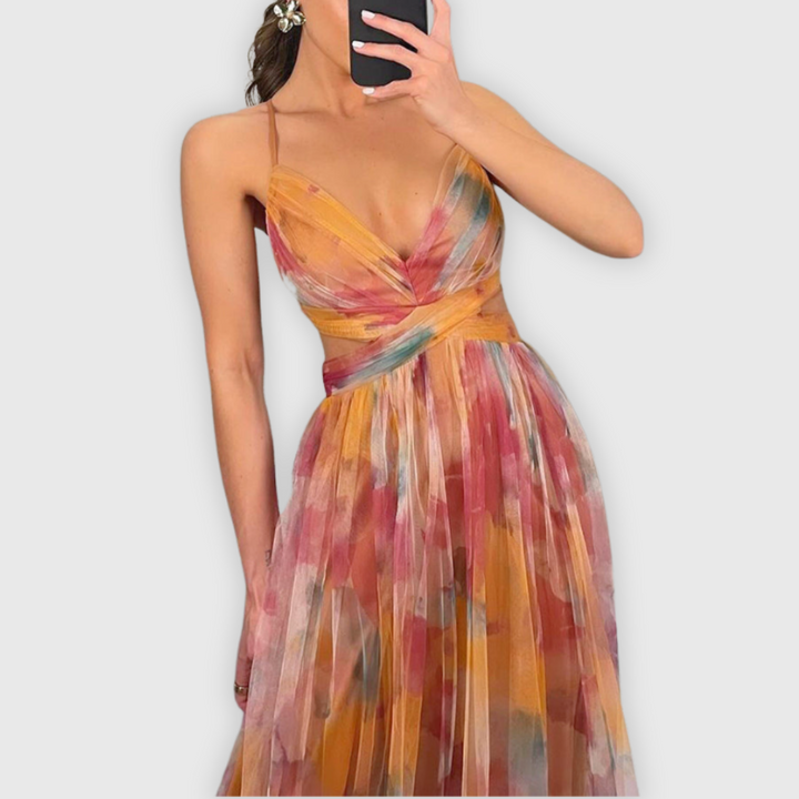 Damen Ärmelloses Blumen Chiffonkleid