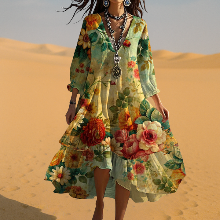 Damen Vintage Blumen Boho Kleid Mit Schwung