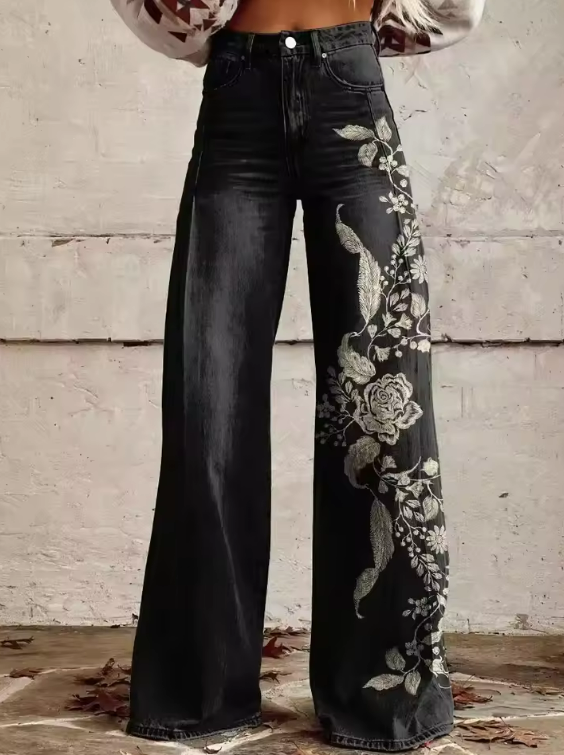 Damen stilvolle kriechende Blume gedruckt Boho Denim Hose