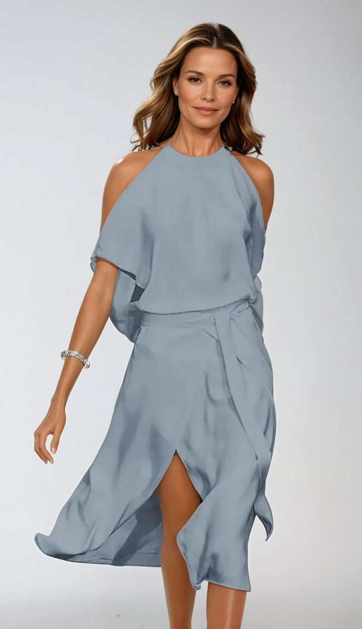 Weißes Midikleid mit Neckholder für Damen – asymmetrischer, fließender Saum