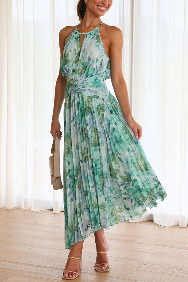 Damen Blumen Chiffon Neckholder Kleid