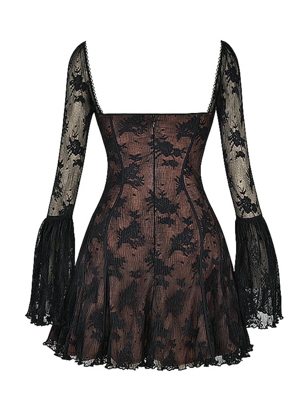 Elegantes Minikleid aus Spitze mit eckigem Ausschnitt und Korsettmuster – Langärmlig
