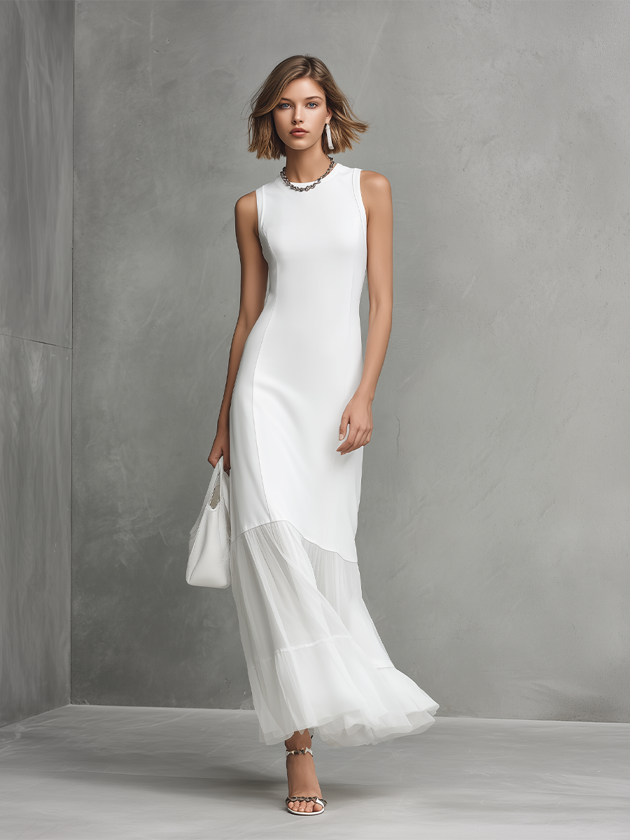 Elegantes weißes Midikleid mit Chiffon-Volantsaum
