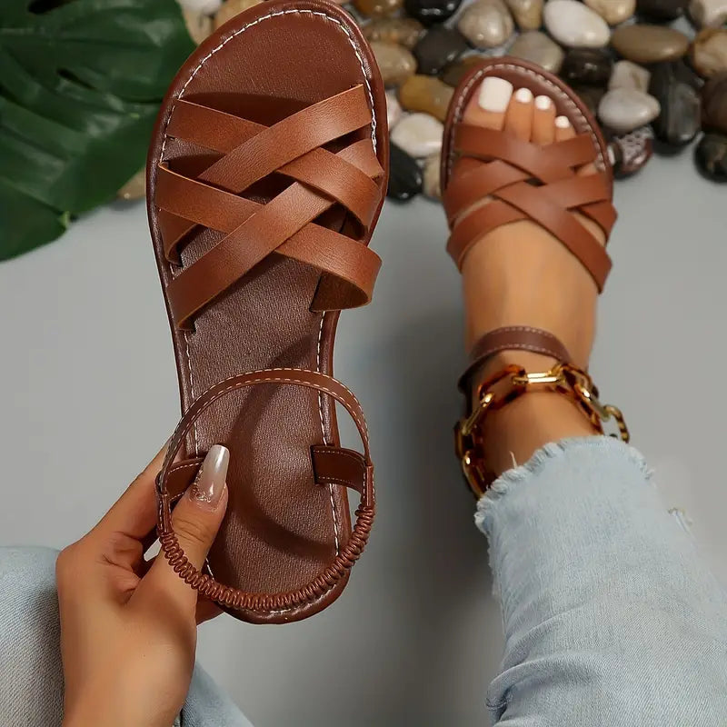 Damen Flache Leder Sandalen Mit Kreuzriemen – Elegante Sommer Komfort Schuhe
