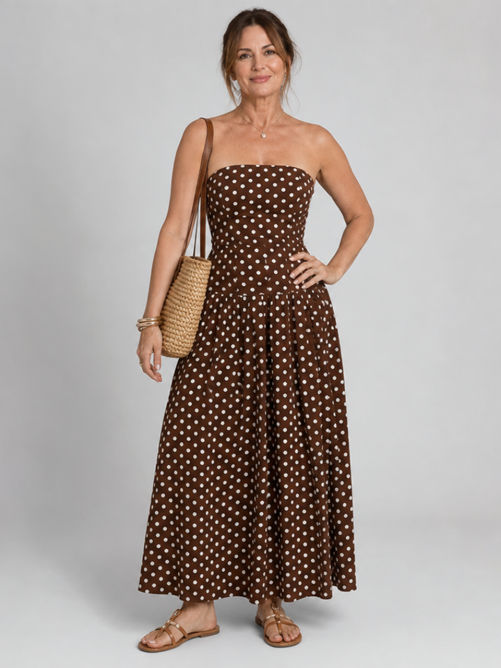 Sorien | Schulterfreies Midikleid mit Punktemuster