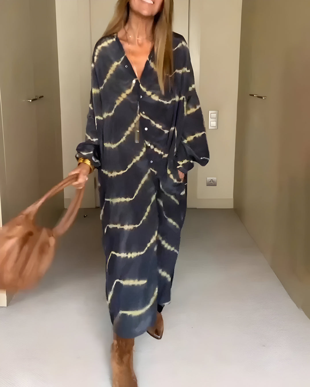 Damen Boho Maxikleid Mit Knöpfen