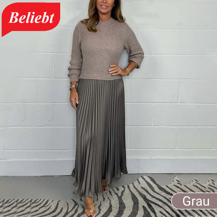 Damen Rundhals Plissiertes Kleid