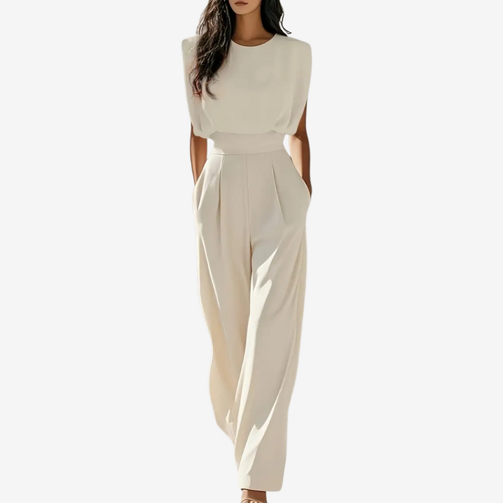 Ärmelloser Damen-Jumpsuit mit hohem Kragen und Gürtel – Elegante Abendgarderobe