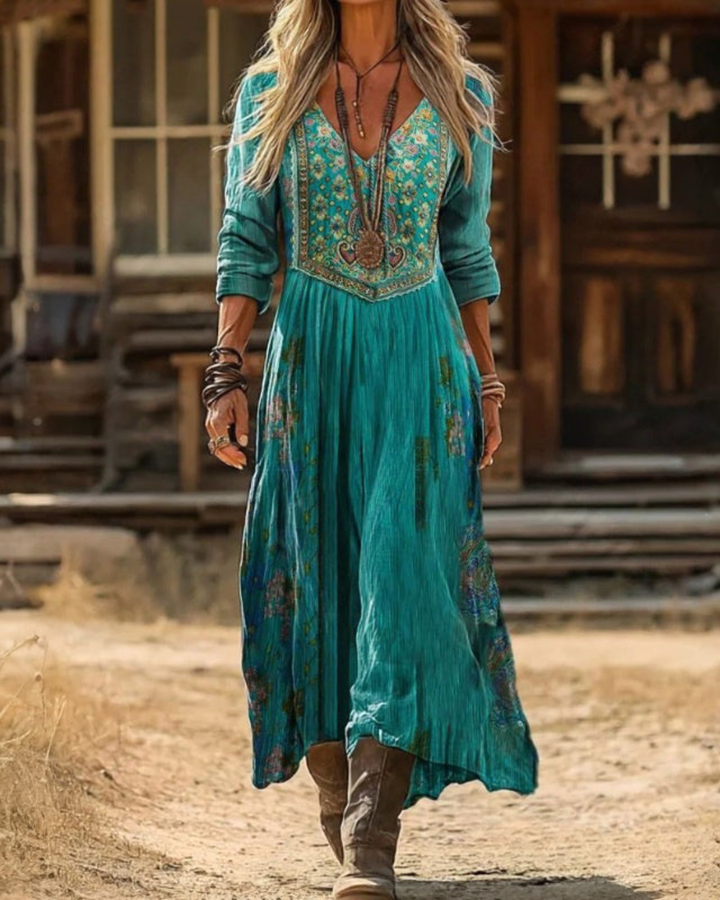 Damen Boho Blumen Langarm Kleid – Vintage Print Maxikleid