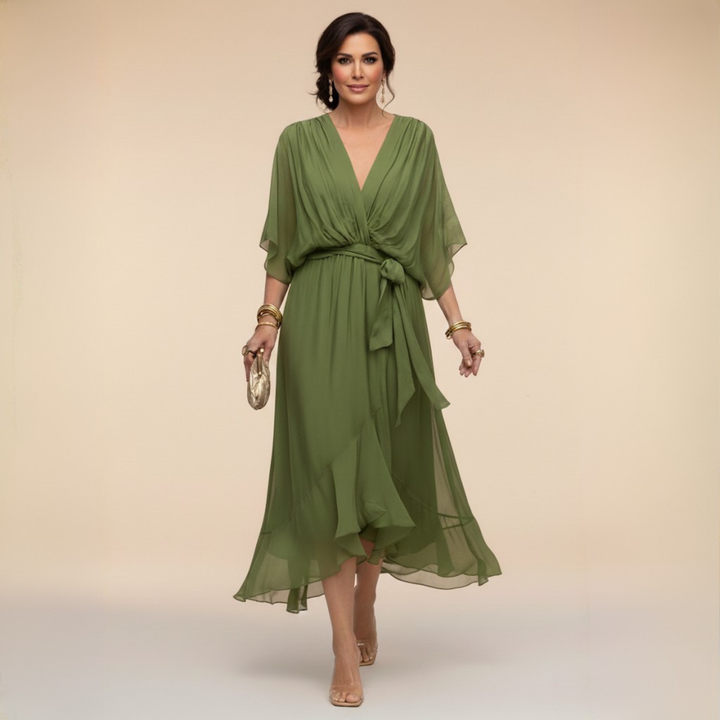 Elegantes, ausgestelltes Chiffon-Midikleid mit V-Ausschnitt und Gürtel für Damen – Perfektes Kleid für Hochzeitsgäste